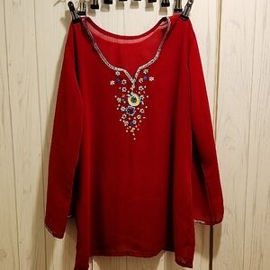 Embroidered Red Women's Top